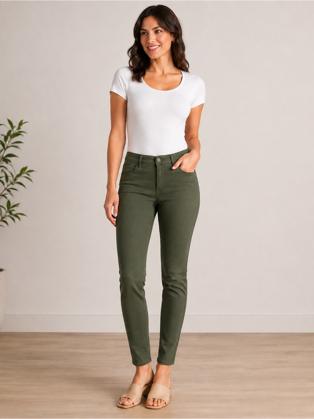 Ellen Tracy Skinny Capri Pants  Olive Green Stretch Size 8 NWT